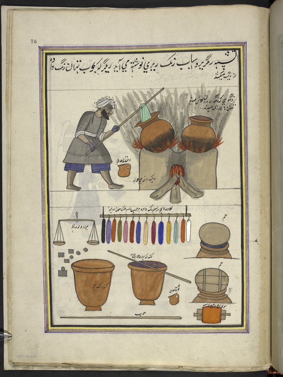 Färber bei der Arbeit, Stoff färbend, 86 Zeichnungen in einem Band, der Berufe und Tätigkeiten in Kaschmir darstellt, Handwerker werden bei der Arbeit mit ihren Werkzeugen und Geräten gezeigt, von einem Kaschmir-Künstler, wahrscheinlich in Srinagar, ca. 18 von Indian School