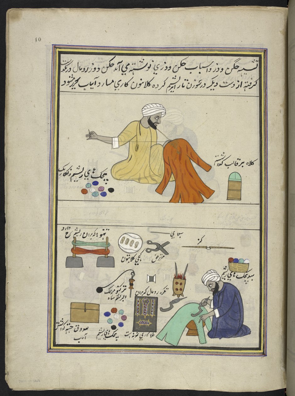 Sticker und Plisser, 86 Zeichnungen in einem Band, der Berufe und Tätigkeiten in Kaschmir darstellt, Handwerker werden bei der Arbeit mit ihren Werkzeugen und Geräten gezeigt, von einem Kaschmir-Künstler, wahrscheinlich in Srinagar, ca. 1850-60 von Indian School