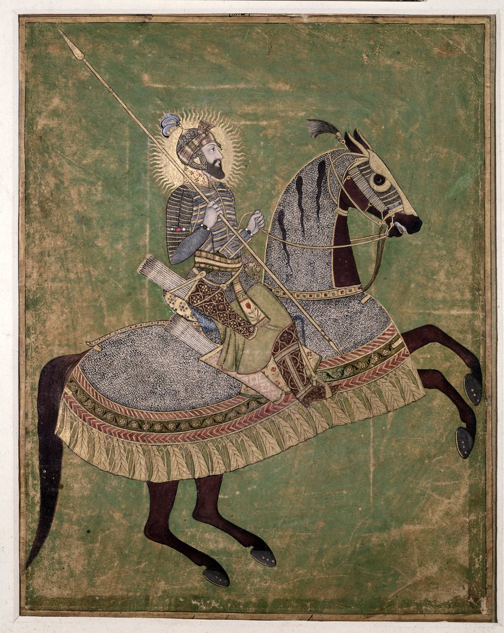 アウラングゼーブの騎馬肖像、c. 1680年（水彩、ガッシュ、ゴールド）
