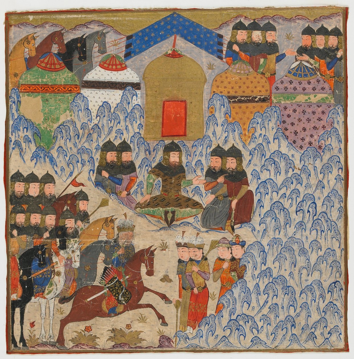 Firdawsi（d.1020）によるShahnama（Book of Kings）のフォリオ。ロスタム収容所、おそらくインド、c.1425-50（不透明な水彩画と紙の上の金） 作： インドの学校