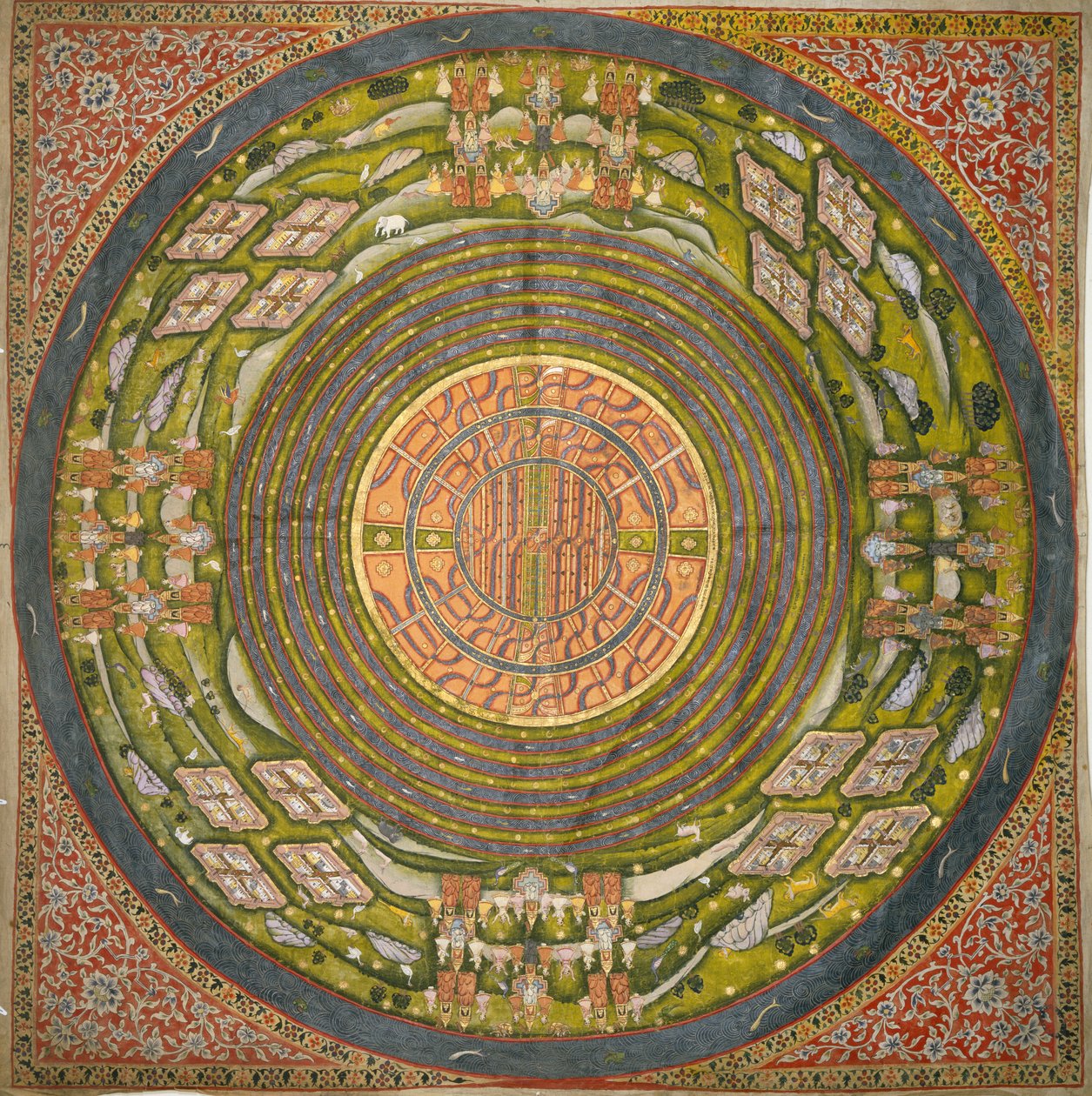 宇宙のジャイナ教図 (Jambudvipa) (綿布にグワッシュ) 作： インドの学校