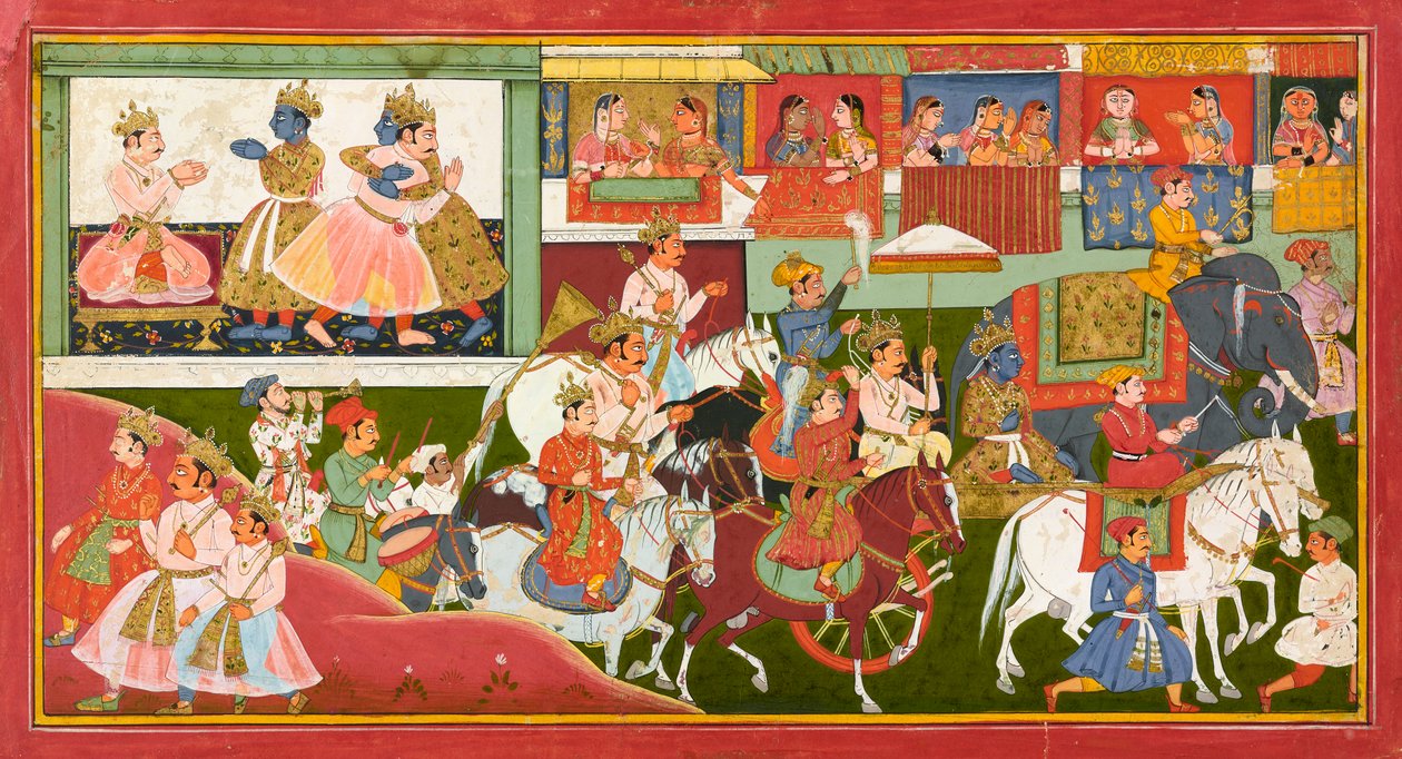 クリシュナは1680年から1690年にバガヴァタプラーナから別れのフォリオを入札しました 作： インドの学校