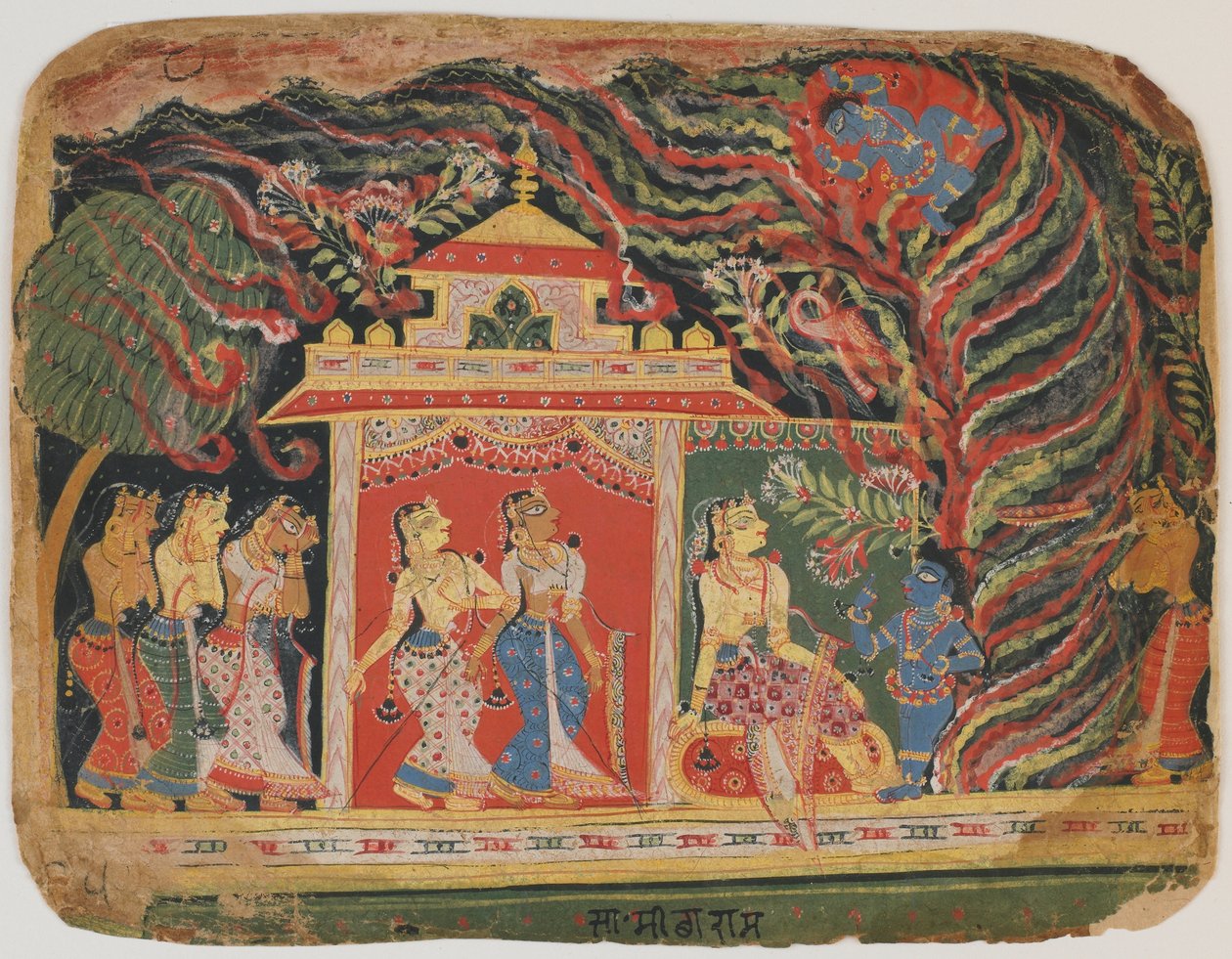 クリシュナは、バガヴァタプラーナから旋風の悪魔によって運ばれました。 c.1520-30（紙に不透明なトイレ） 作： インドの学校