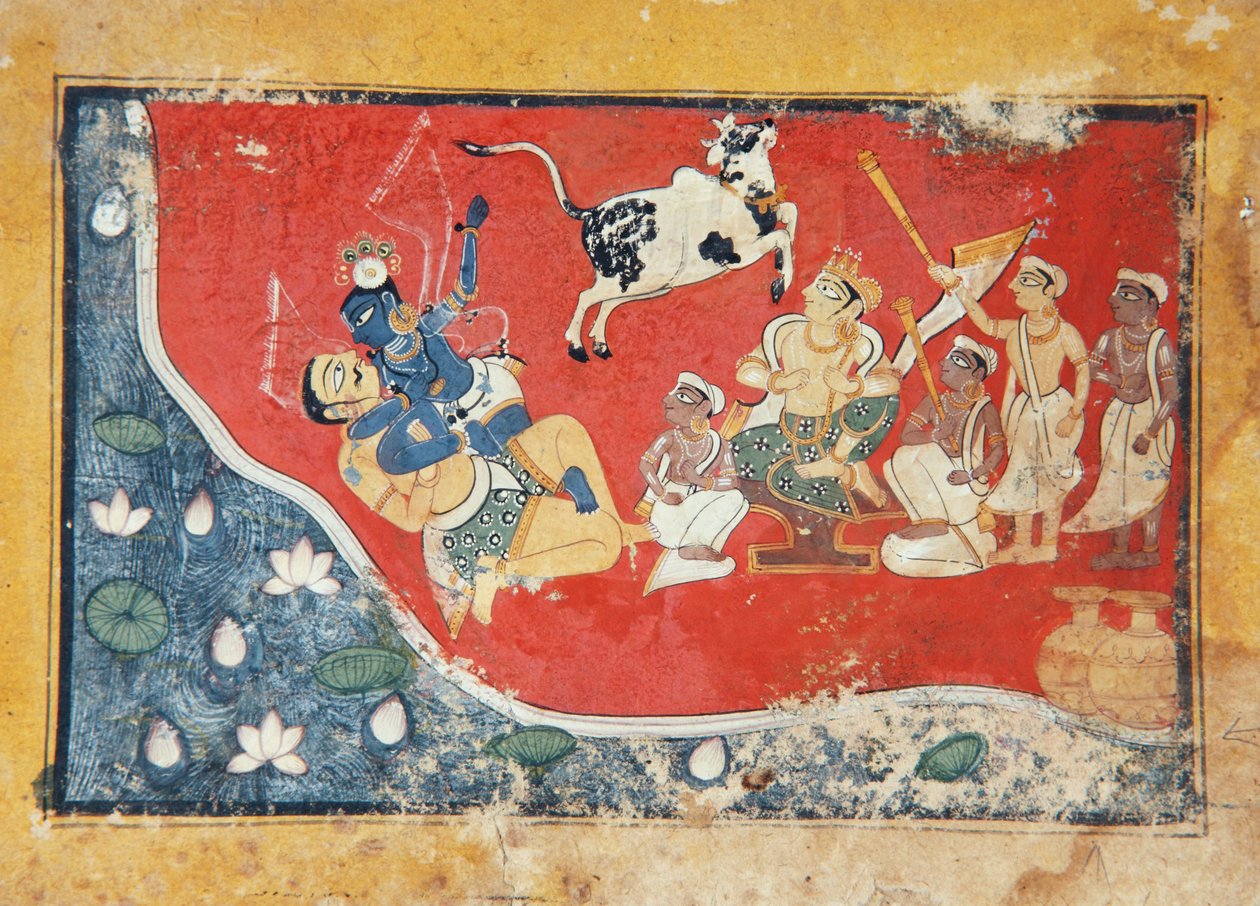 クリシュナは川のそばの悪魔を倒しました、1560年頃（紙に不透明なトイレ） 作： インドの学校