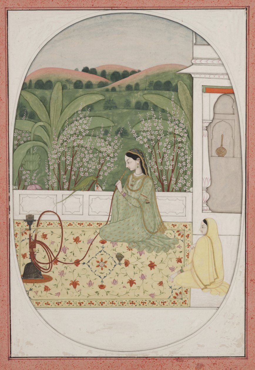 水ギセルのあるテラスの女性、1770年頃（紙にガッシュと金） 作： インドの学校