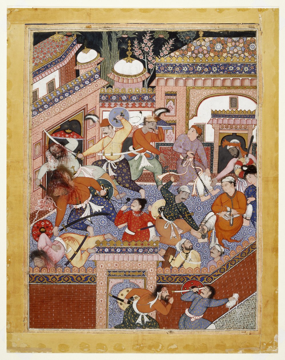Songhur BalkhiとLulu the Spyが率いるAyyarsは刑務所警備員の喉を切り裂き、フリーサイドのFarrukh-Nizhad、1557年-1572年（不透明な水彩画と綿の布に金色） 作： インドの学校