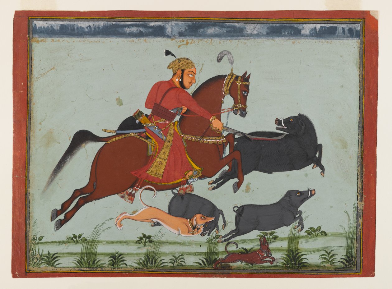 Mewar Hunting BoarのMaharaja Pratap Singh II、c.1750-75（紙に水彩、金と銀） 作： インドの学校