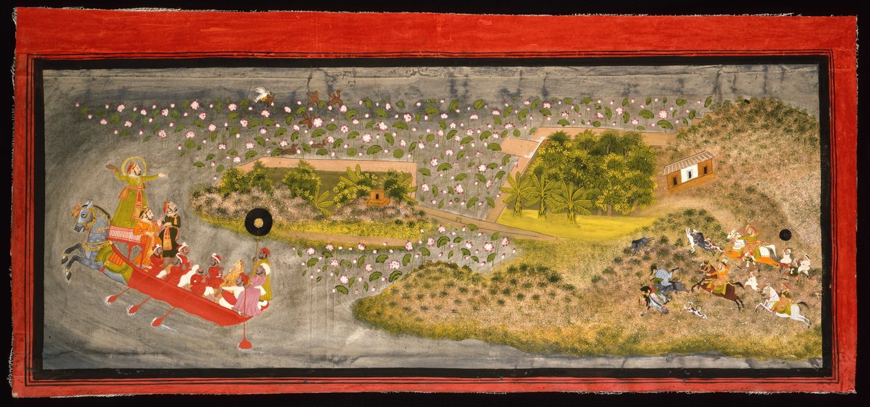 マハラナジャガトシンIIホーキングとイノシシ猟、1740年頃（不透明なw - c、紙に銀と金、アルバムページにマウント） 作： インドの学校