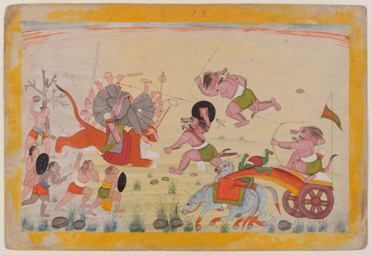 マハスラは、分散したデビマハトミアシリーズのフォリオであるデビを攻撃します。c.1770-80（紙のトイレ） 作： インドの学校