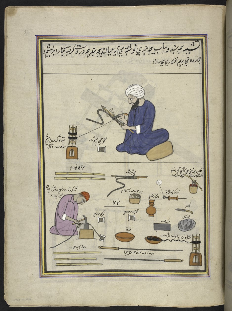 Männer bedecken Hookah-Schlangen mit Faden und Draht, 86 Zeichnungen in einem Band, die Berufe und Tätigkeiten in Kaschmir darstellen, Handwerker bei der Arbeit mit ihren Werkzeugen und Geräten, von einem Kaschmir-Künstler, wahrscheinlich in Srinagar, ca.  von Indian School