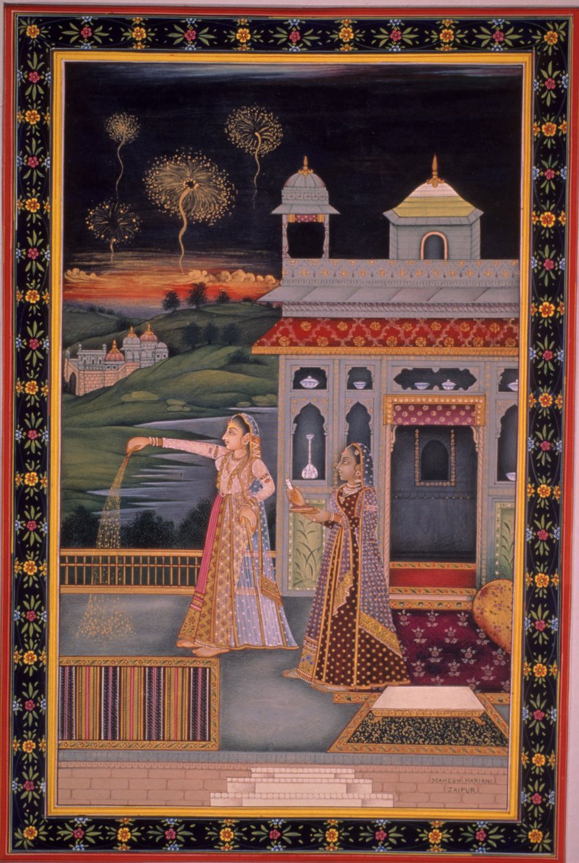 ディワリ祭を祝う女性の細密画、インド（紙に水彩画） 作： インドの学校