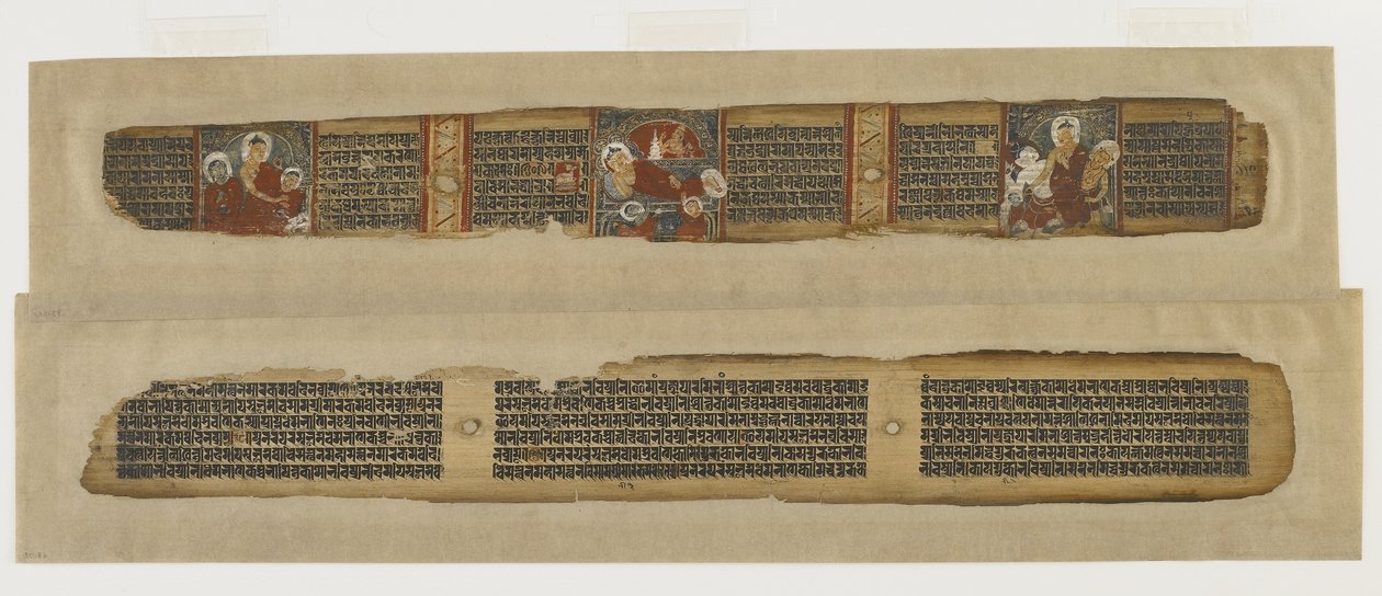 Prajnaparamita写本、ベンガルまたはビハールからの仏のパリニルヴァーナ、パラセナ王朝（不透明な水彩画とヤシの葉のインク） 作： インドの学校