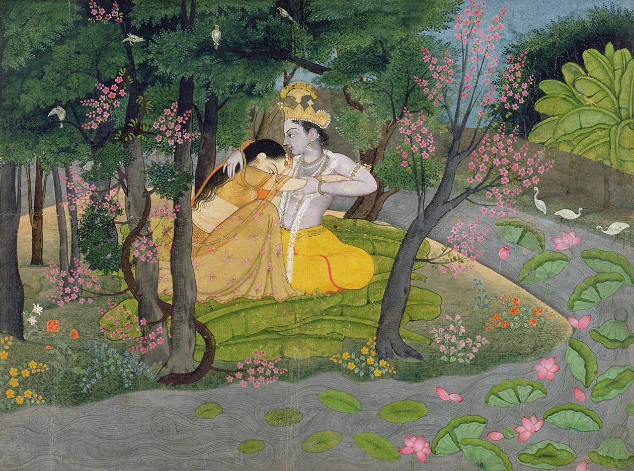 ラダーとクリシュナは花の咲く木立に抱きます。c.1780（紙にトイレ） 作： インドの学校