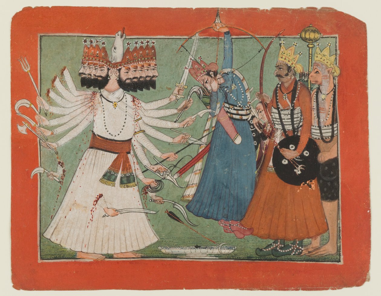 ラーヴァナがラーマの軍隊に挑む、1750年頃（紙に不透明な水彩画） 作： インドの学校