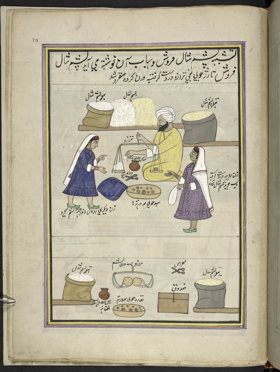 Rohwolle für Schals wird an Frauen zum Spinnen verteilt, 86 Zeichnungen in einem Band, der Berufe und Tätigkeiten in Kaschmir darstellt, Handwerker werden bei der Arbeit mit ihren Werkzeugen und Ausrüstungen gezeigt, von einem Kaschmir-Künstler, wahrschein von Indian School