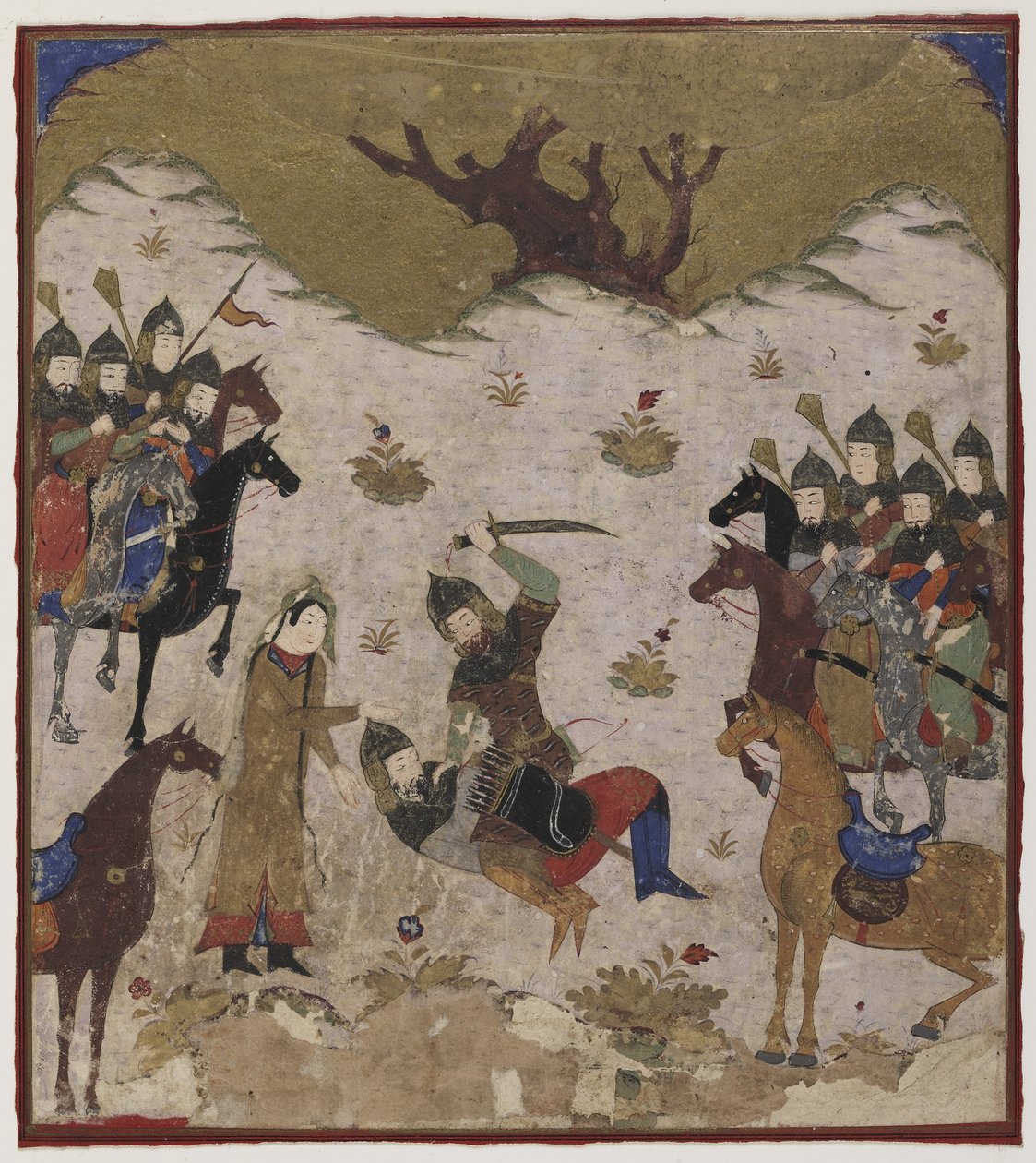 Shahruは、RustamとBurzuの間の最後の戦闘で、BurzuをRustamの孫として識別します。c.1425-50（不透明な水彩画と紙に金） 作： インドの学校