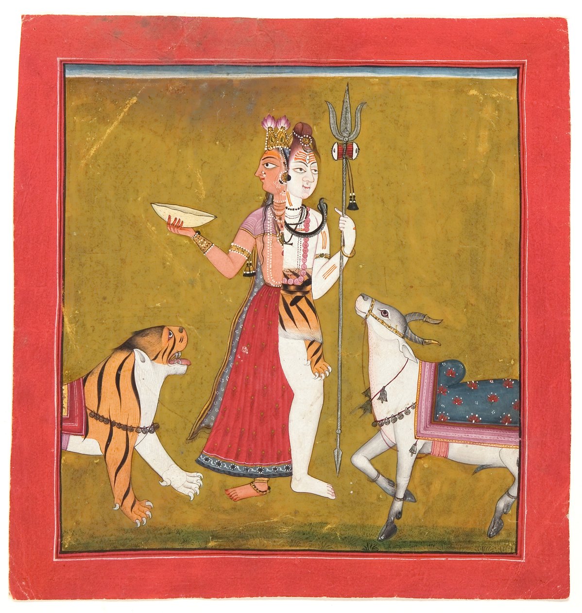 Shiva Ardhanarishvara、1715年頃（紙に不透明なトイレ、金と銀） 作： インドの学校