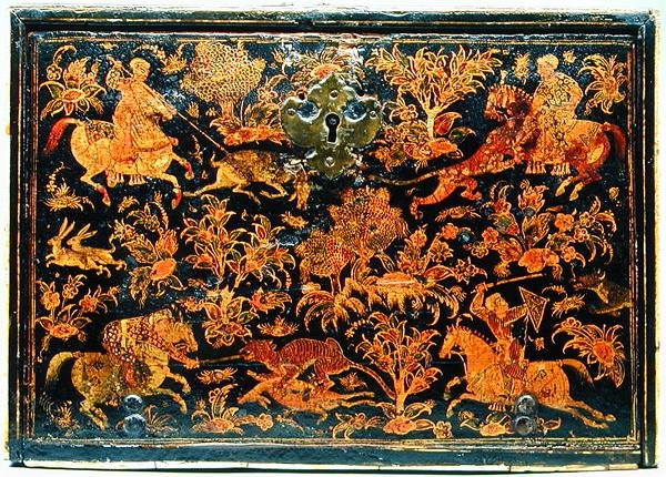 17世紀の貴族の狩猟を描いた書棚の側面（漆木材） 作： インドの学校