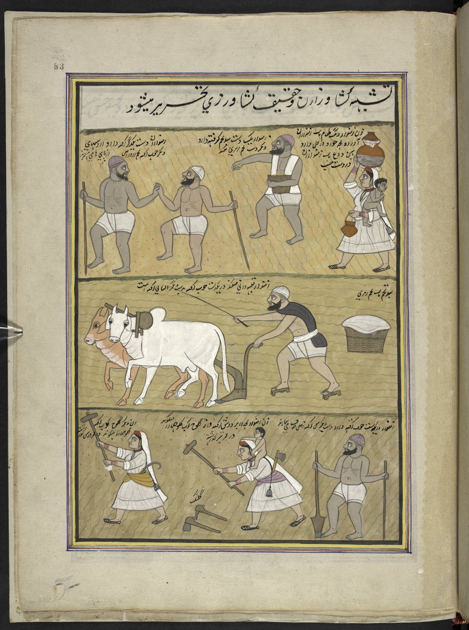 水田の播種; 耕作; 土塊を壊し、  カシミールでの取引と職業を描いた 86 枚の図面が綴じられており、職人が道具や設備を使って仕事をしている様子が示されています。  おそらくスリナガルのカシミールのアーティストによる、1850〜60年頃（紙にガッシュ 作： インドの学校