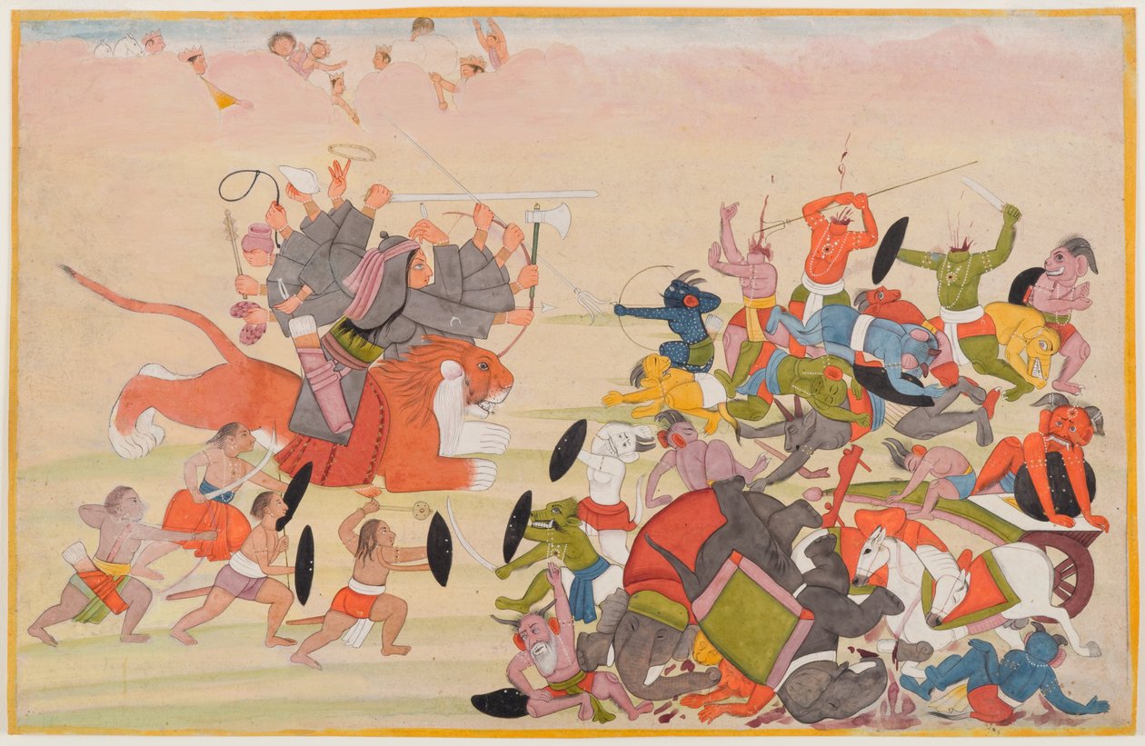 Deviは、分散したDevi MahatmyaシリーズのフォリオであるMahishasura、c.1770-80（紙のトイレ）を破りました。 作： インドの学校