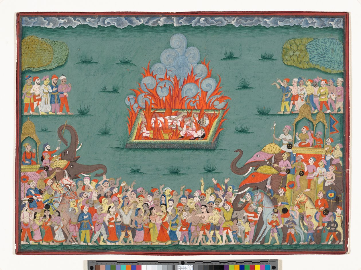 Madhavrao Peshwaの妻であるラマバイのサティ、1772-75年頃（紙に水彩と金） 作： インドの学校