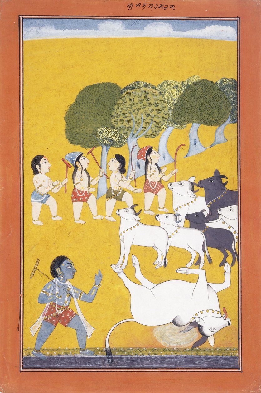 若いクリシュナは子牛のガイズに来た悪魔ヴァツァースラを殺す、c.1730-1740 作： インドの学校