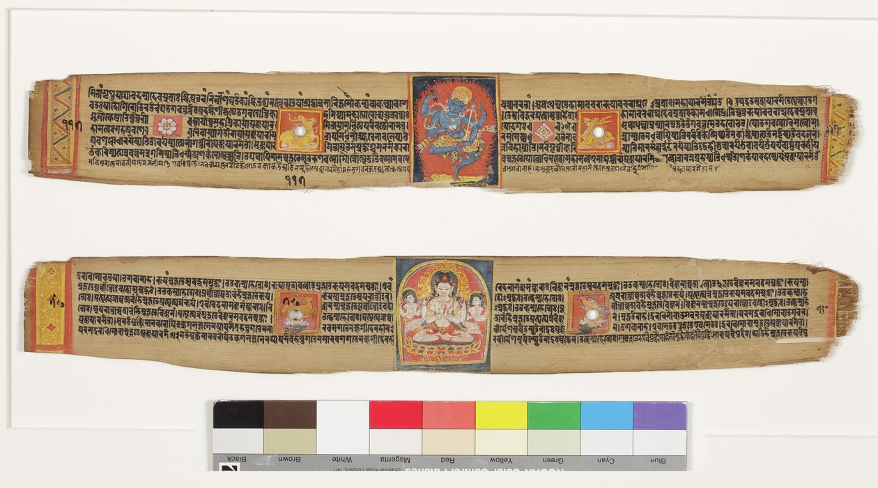 上：ヘルカを踊る;下：菩薩サダカサリAvalokitesvara and Attendants、c.1150-1200（ヤシの葉と不透明なトイレとインク） 作： インドの学校