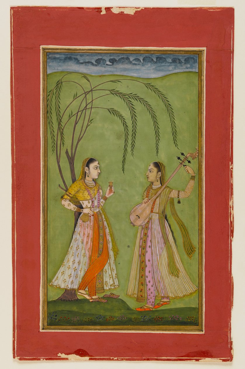 風景の中の2人の女性、c.1725（紙に不透明なトイレ） 作： インドの学校