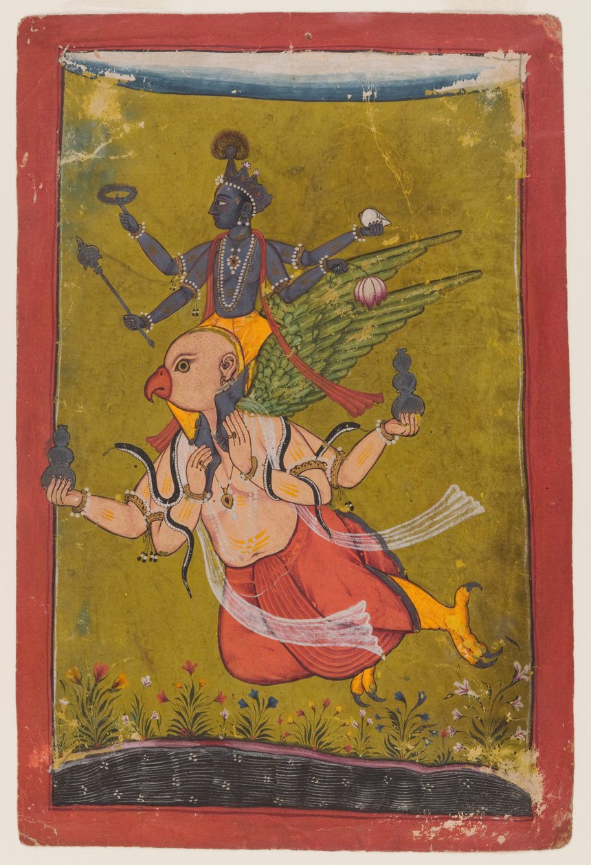 ガルーダのヴィシュヌ、c.1725以前（紙にwc、シルバー、ゴールド） 作： インドの学校