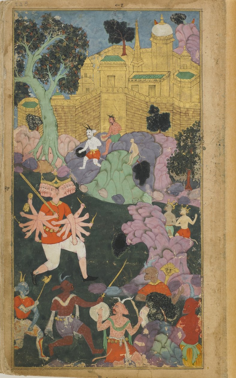 Vol.2 fol.238ラバナとその勢力が都市の前に立つ（不透明な水彩、インク、紙の上の金） 作： インドの学校