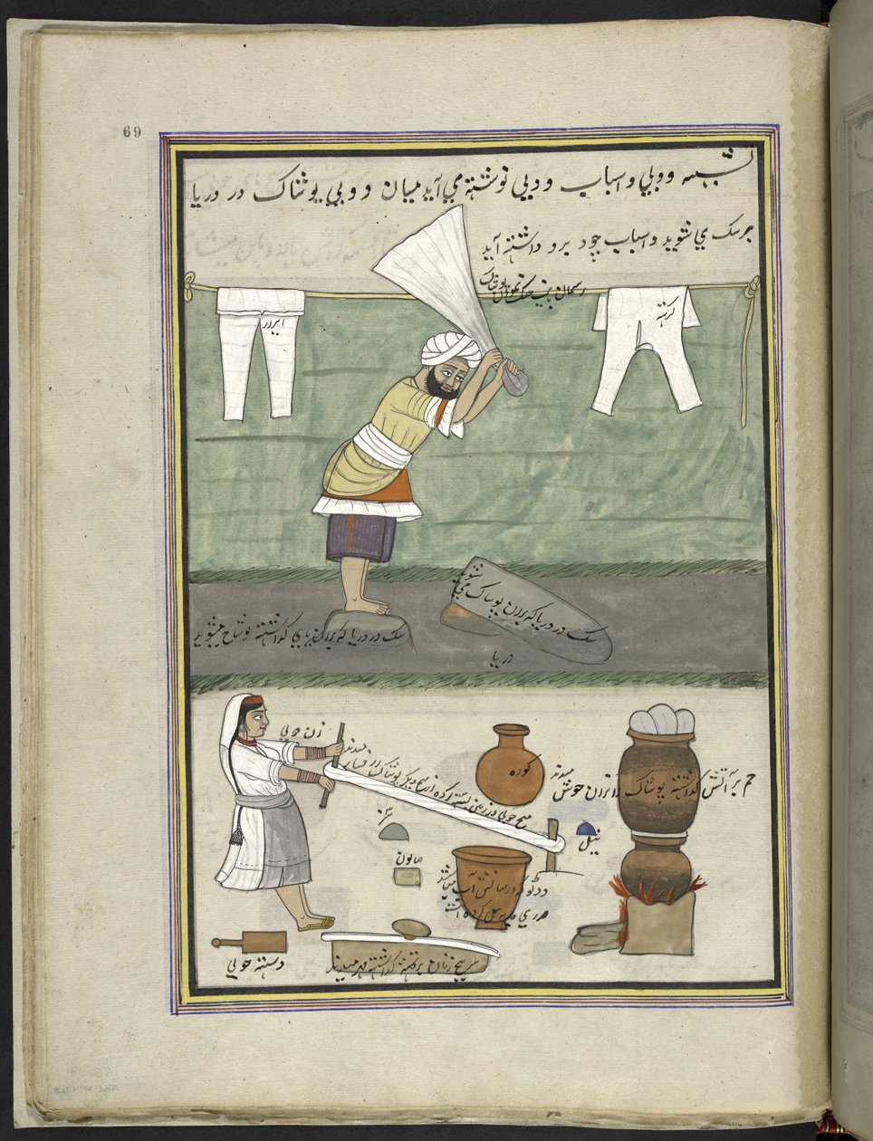 Wäscher und Wäscherin, 86 Zeichnungen in einem Band, der Berufe und Tätigkeiten in Kaschmir darstellt, Handwerker bei der Arbeit mit ihren Werkzeugen und Geräten, von einem Kaschmir-Künstler, wahrscheinlich in Srinagar, um 1850-60 von Indian School