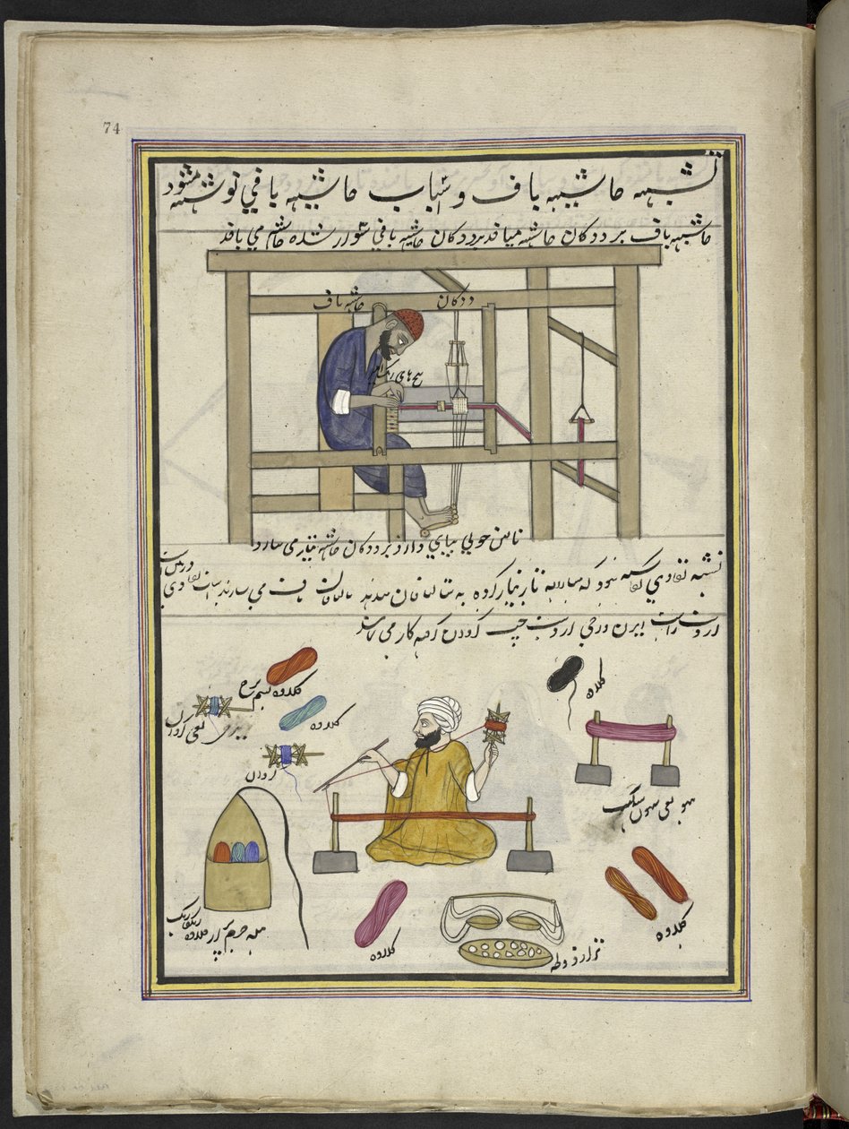 Weber, der eine Bordüre herstellt; Mann, der farbige Wolle aufwickelt, 86 Zeichnungen in einem Band, der Handwerke und Berufe in Kaschmir darstellt, Handwerker werden bei der Arbeit mit ihren Werkzeugen und Geräten gezeigt, von einem Kaschmir-Künstler, wah von Indian School