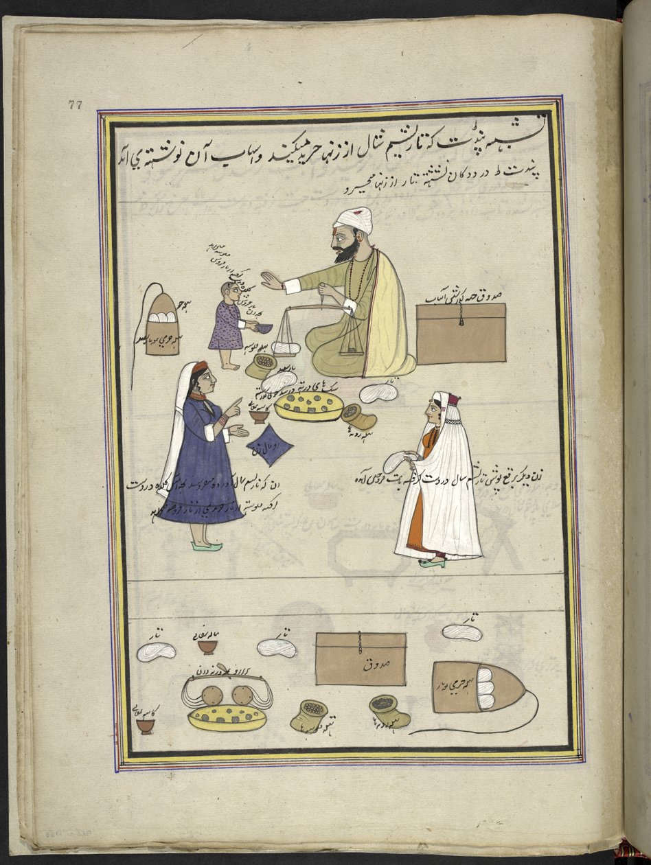 Frauen, die das gesponnene Schaltuch zurückbringen, 86 Zeichnungen in einem Band, der Berufe und Tätigkeiten in Kaschmir darstellt, Handwerker werden bei der Arbeit mit ihren Werkzeugen und Geräten gezeigt, von einem Kaschmir-Künstler, wahrscheinlich in Sr von Indian School