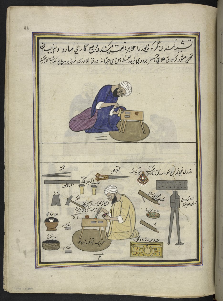Arbeiter in feinem Gold (Kundan), die Schmuck herstellen und Edelsteine setzen, 86 Zeichnungen in einem Band, der Berufe und Tätigkeiten in Kaschmir darstellt, Handwerker bei der Arbeit mit ihren Werkzeugen und Geräten, von einem Kaschmir-Künstler, wahrsch von Indian School