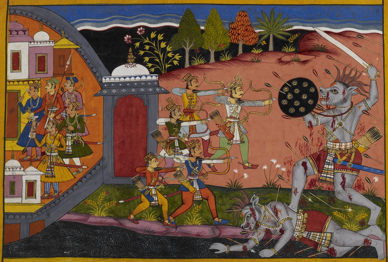 ŚatrughnaはLavanaを殺し、神々に賞賛され、Madhuの王国を与えられる。 作： インドの学校