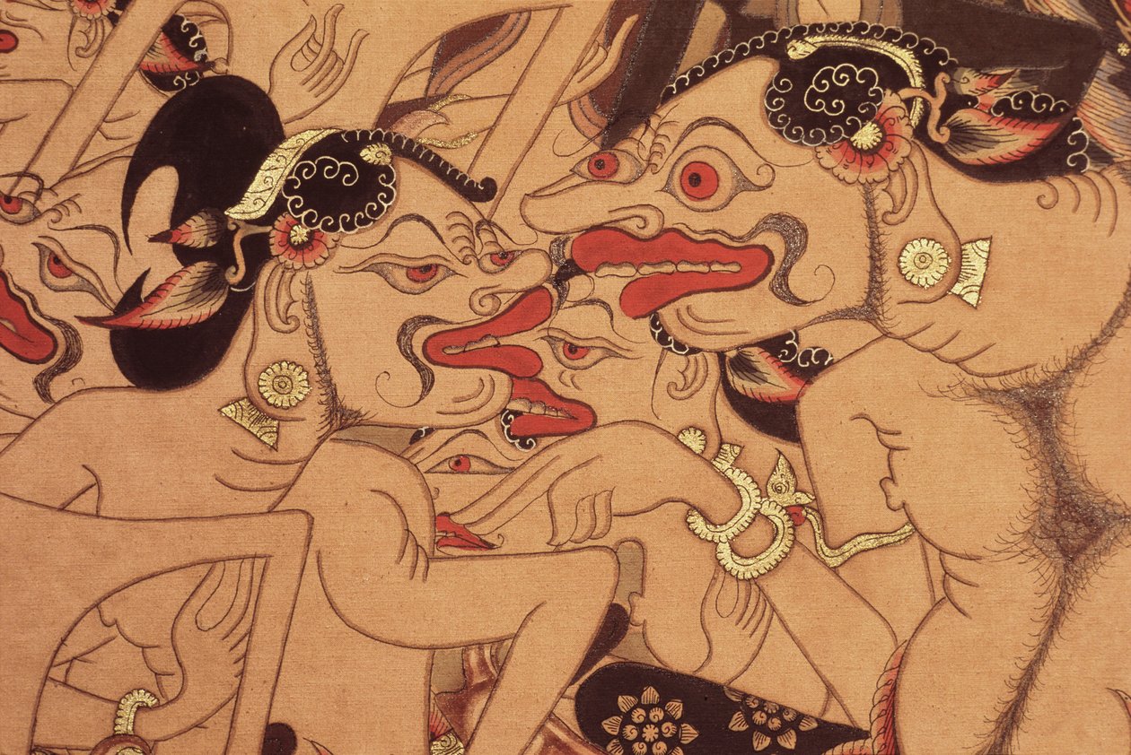 ワヤン ベベル スクロールの詳細 (紙に水彩) 作： インドネシア語インドネシア語