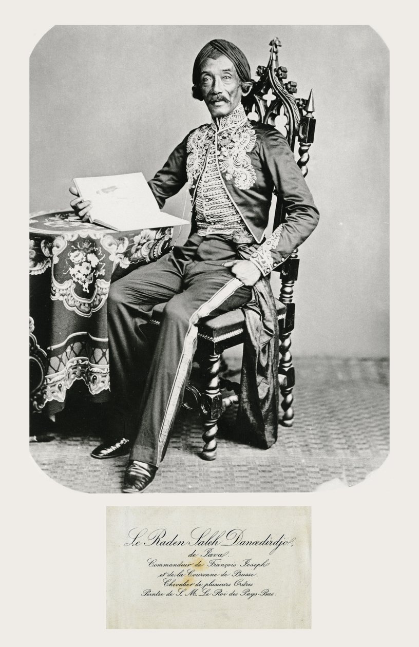 ラーデンサレと彼の名刺の肖像、c.1850-70（bw写真と彫刻） 作： インドネシア語学校