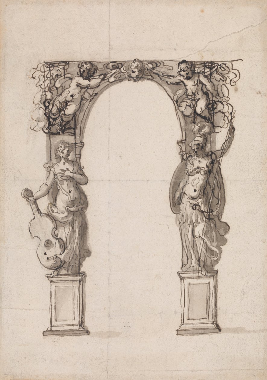 Projeto para um arco temporário ornamentado com Putti e figuras alegóricas de música e guerra 作： イニゴ・ジョーンズ