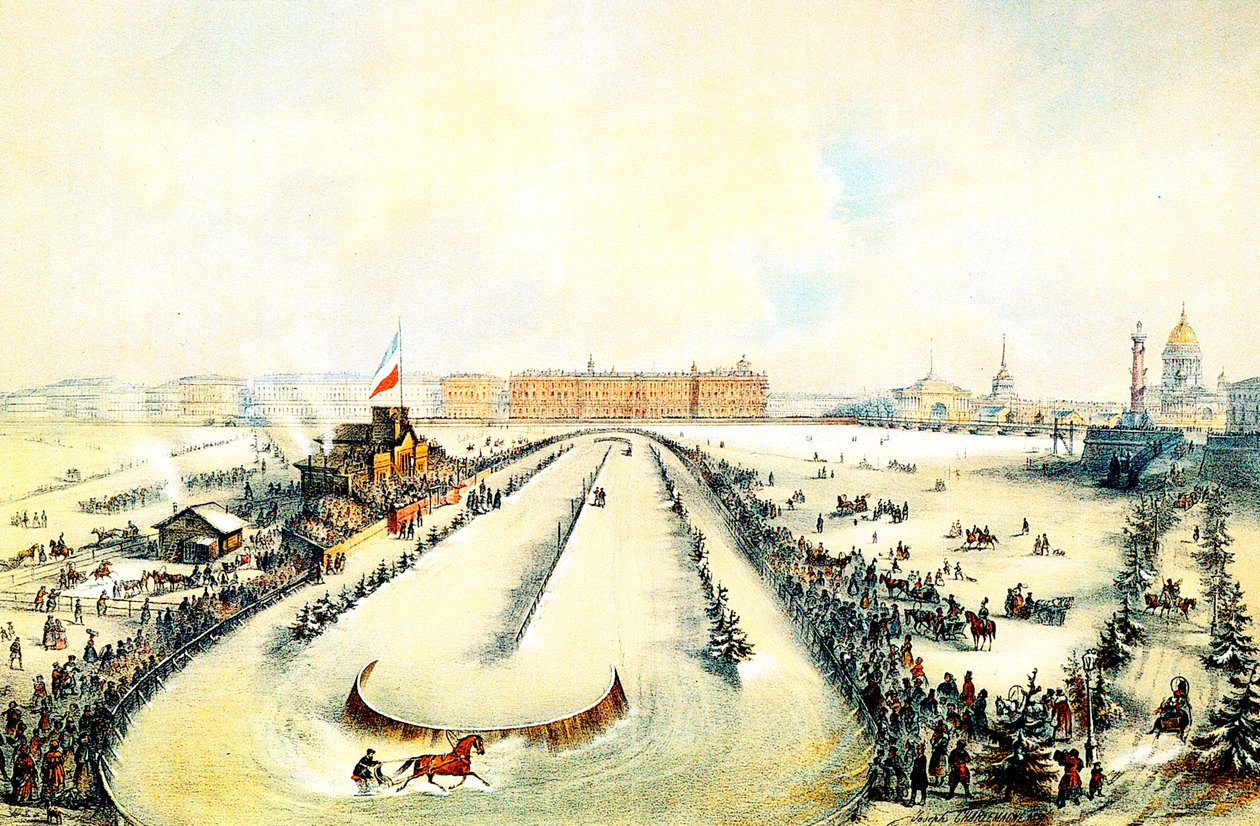 1859年にロシアのサンクトペテルブルクで凍ったネヴァ川で競馬。 作： イオシフ・アドルフォヴィッチ・シャルルマーニュ