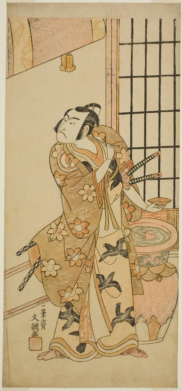 芝居江戸の花若柳蘇我(?)で工藤祐経(?)を演じた二代目沢村宗十郎、1769年二月(?)市村座(?)で上演 作： 一筆祭文鳥