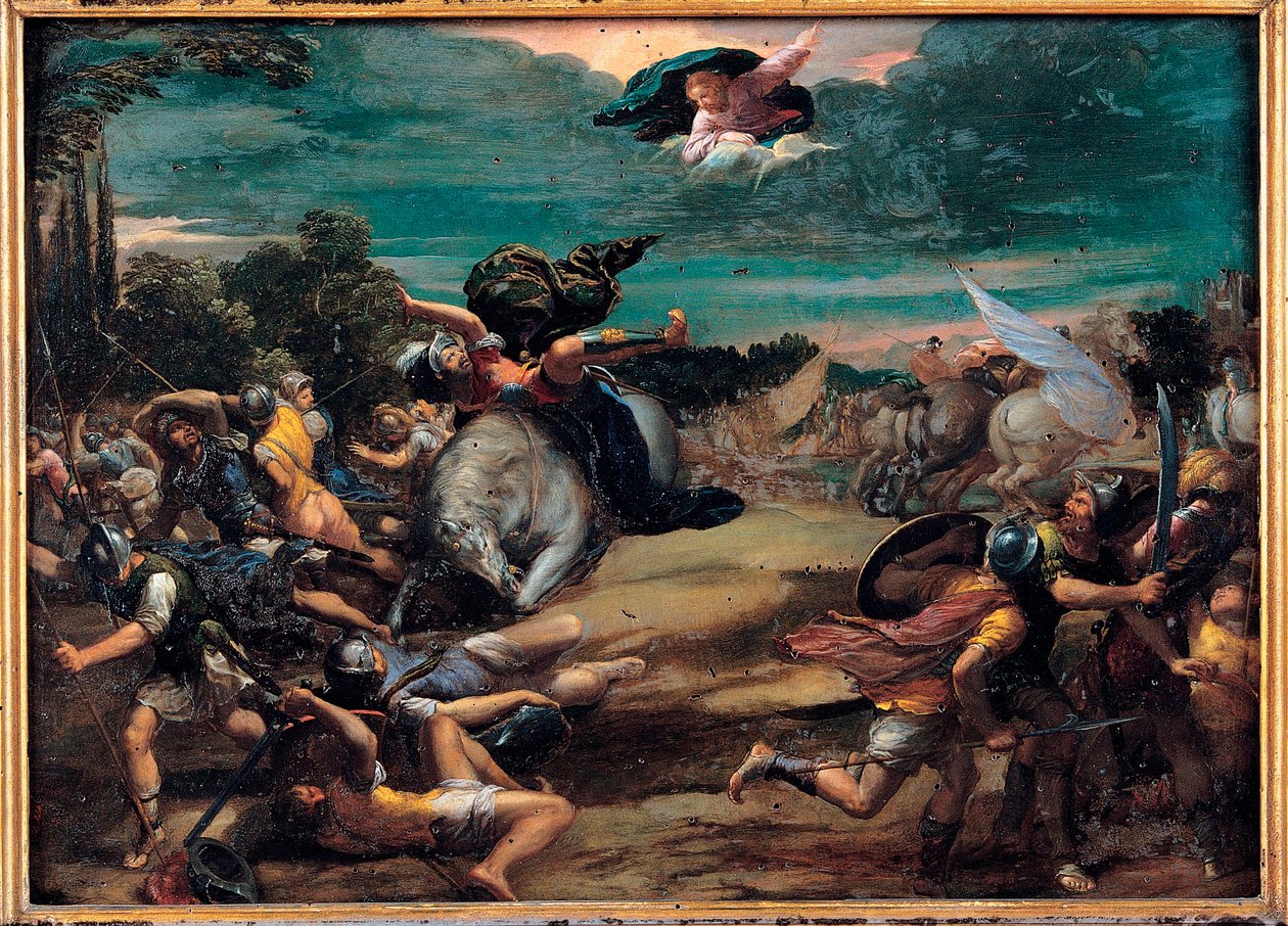 La conversion sur le chemin de Damas (Saint Paul) - The Conversion on the Way on the Way to Damascus - Ippolito Scarsellino (Scarsella) (1551-1620) 作、Oil on wood 1590-1595 (39x55 cm) - Musei Capitolini、ローマ 作： Ippolito Scarcella