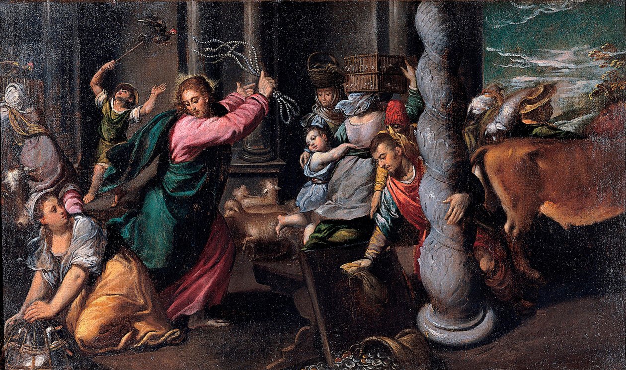 Le Christ chassant les marchands du Temple - 神殿から金貸しを駆り立てるキリスト - Ippolito Scarsellino (Scarsella) (1551-1620) 作、キャンバスに油彩 1580-1585 (68x116 cm) - Musei Capitolini、ローマ 作： Ippolito Scarcella