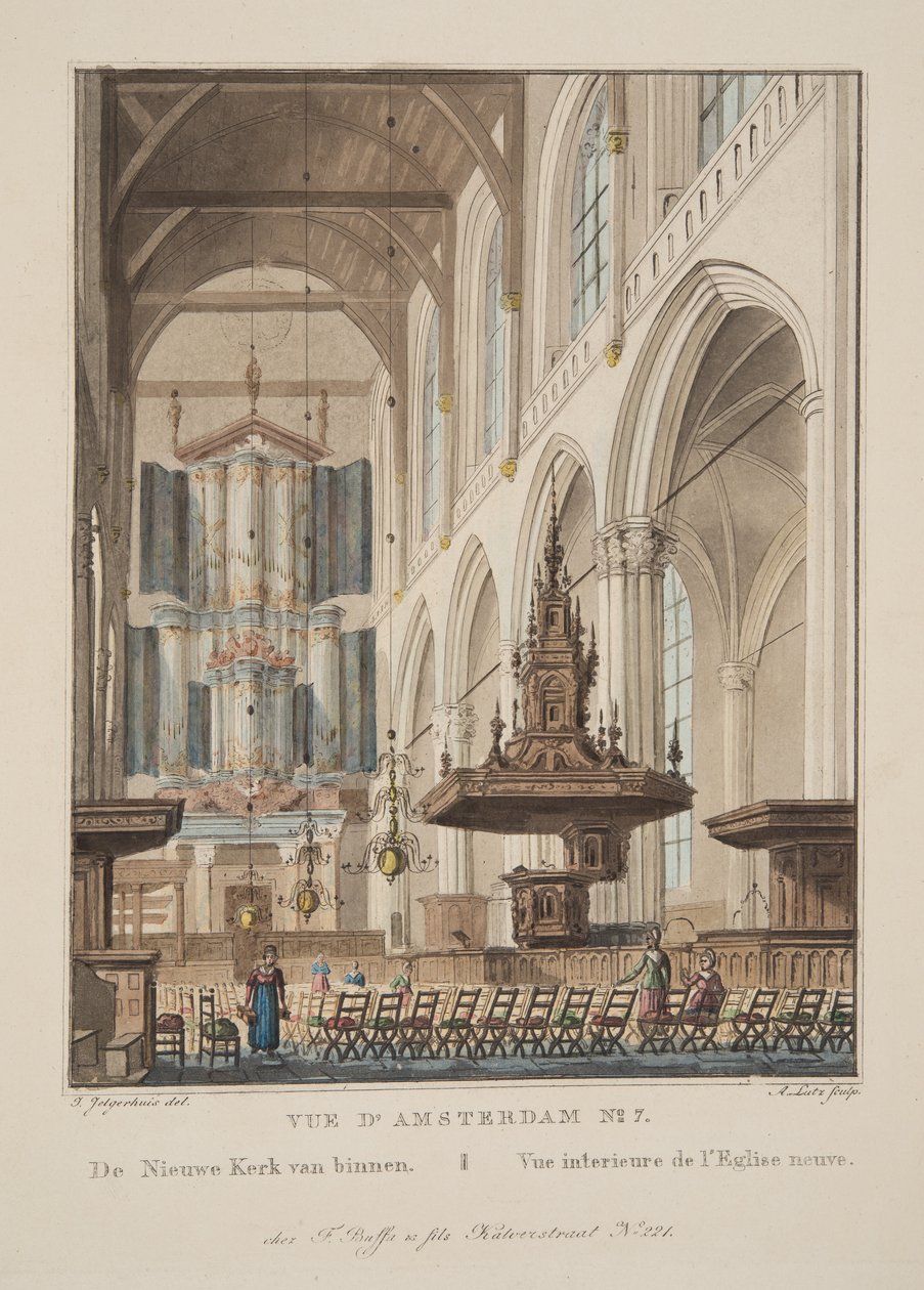 Vue d&39;Amsterdam No.7。内部の新しい教会。 Vue interieure de l&39;Eglise neuve、1825年（手描きの彫刻） 作： アイラ・ダイヤモンド・ジェラルド・キャシディ