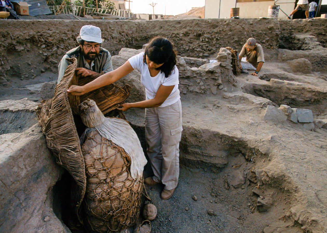 学校の発掘現場で発見されたミイラの束を持つ考古学者たち（2001年）（写真）。 作： アイラブロック