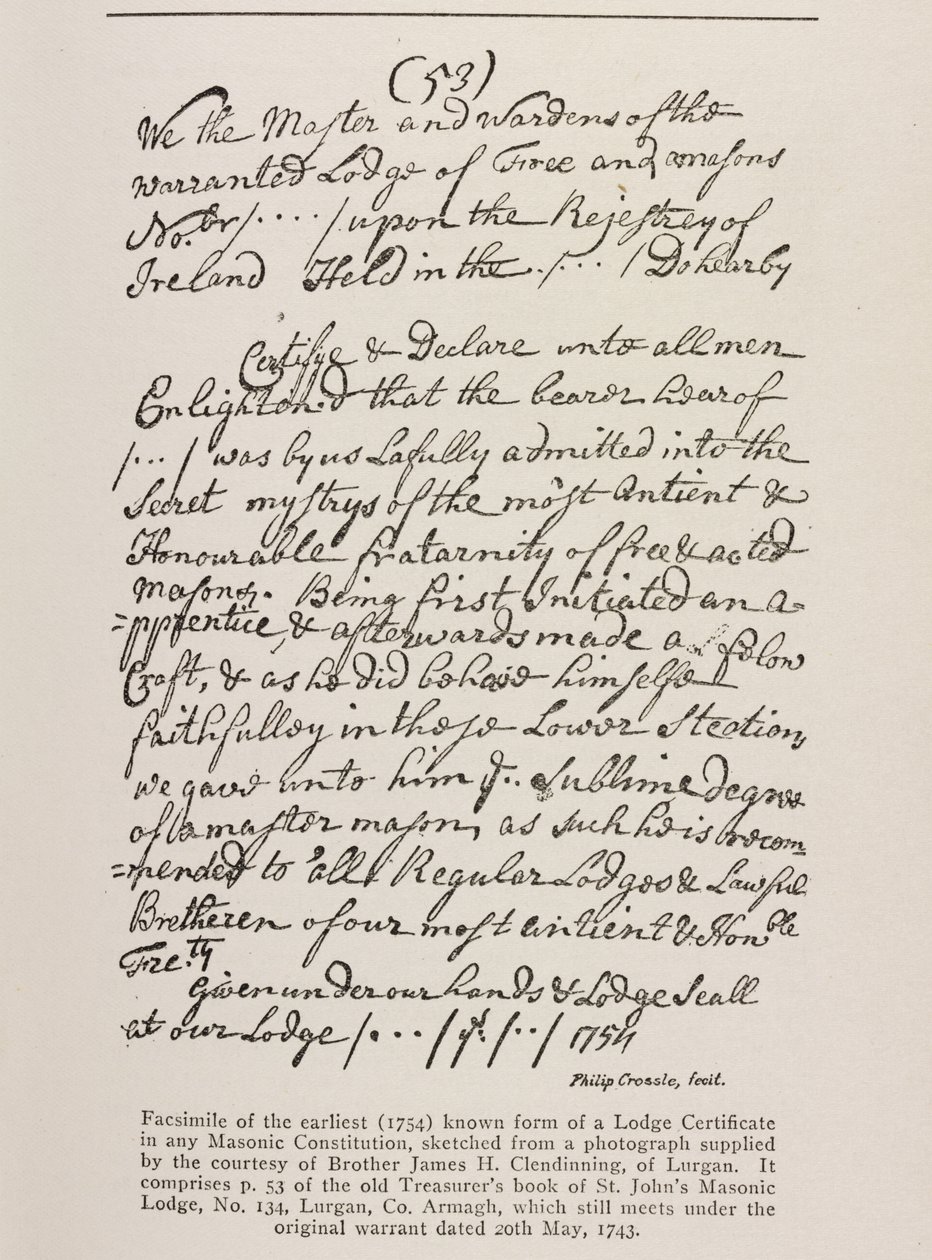 グランドロッジのシール付きの最も古い既知の証明書（アイルランド）、1762 作： アイルランドの学校