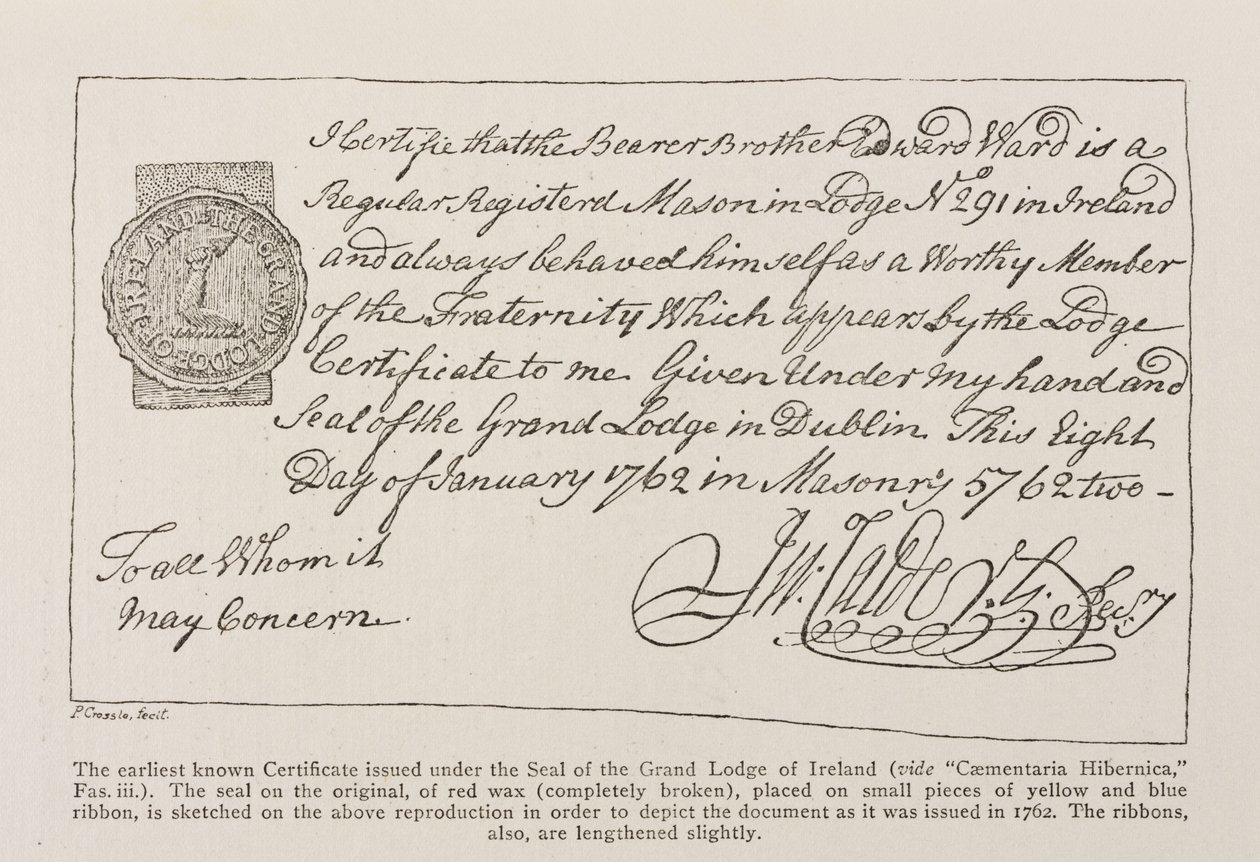 1762年付けのアイルランドのグランドロッジのシールの下で発行された最も古い既知の証明書のファクシミリ 作： アイルランドの学校
