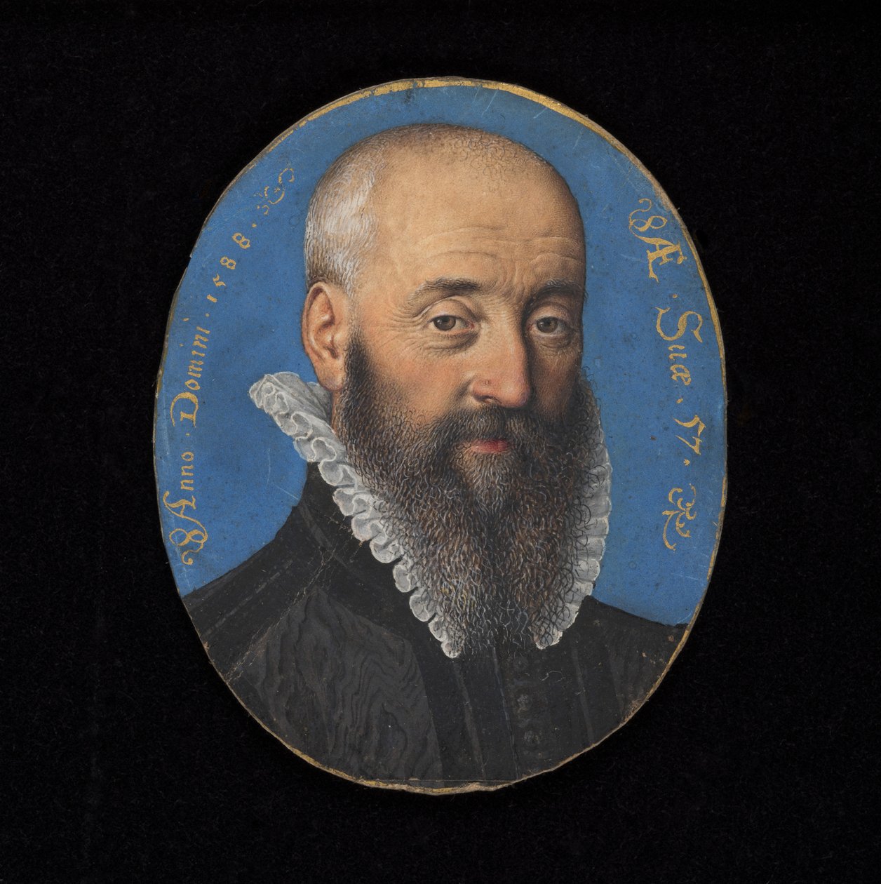 1588年、57歳の見知らぬ男性の肖像画のミニチュア（ベラムのトイレ） 作： アイザック・オリバー