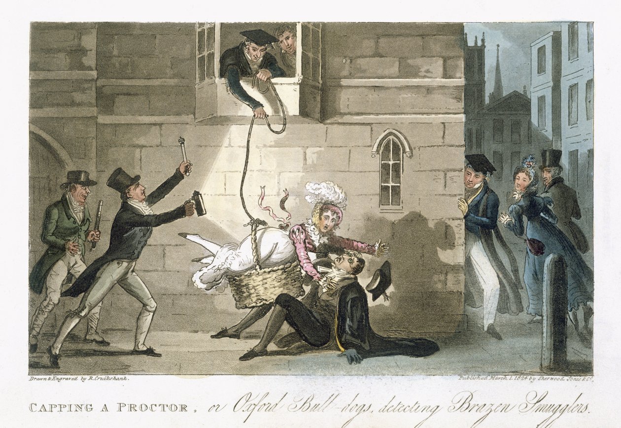 1825年にロンドンで出版されたCharles Molloy Westmacott（1788-1868）の「The English Spy」から、プロクターまたはオックスフォードブル犬が勇敢な密輸者を発見したこと 作： アイザックロバートクルックシャンク