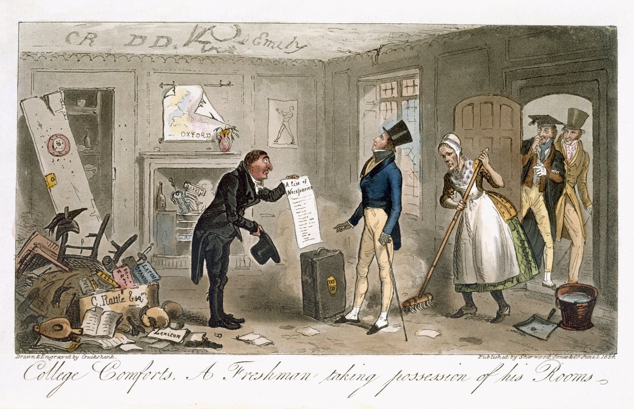 チャールズモロイウェストマコット（1788-1868）が1825年にロンドンで出版した「イングリッシュスパイ」の新入生、カレッジコンフォーツは部屋を占領しました。 作： アイザックロバートクルックシャンク