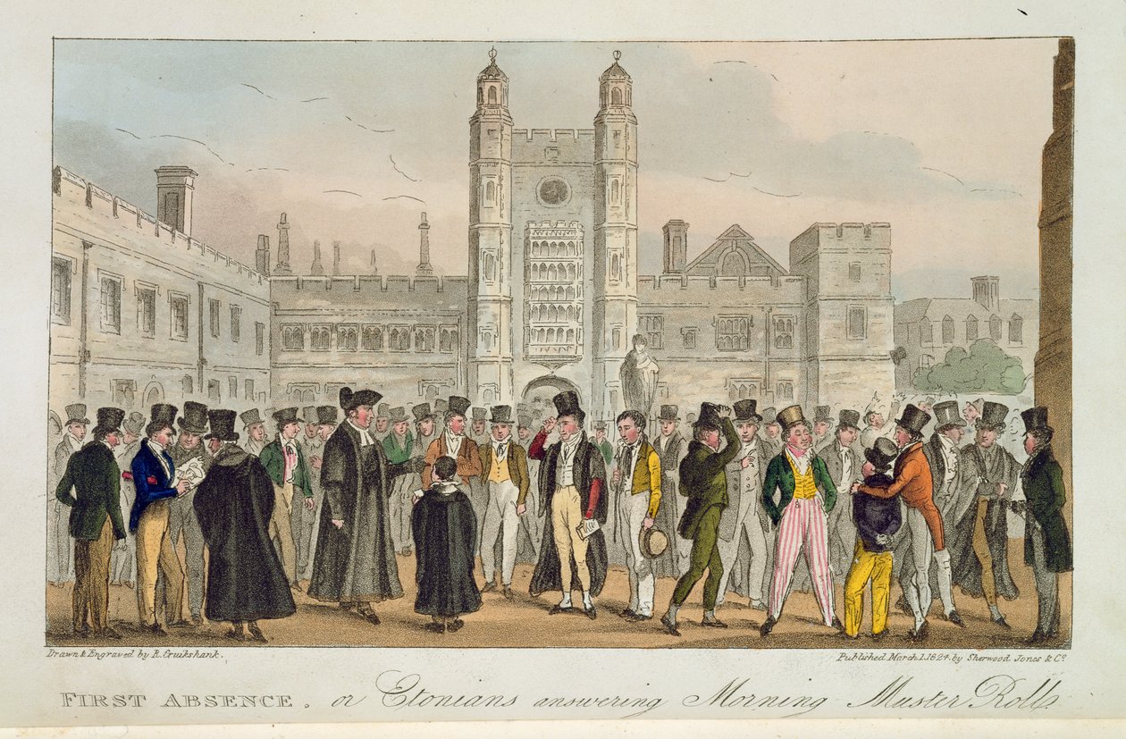 1824年に発行された「The English Spy」からの最初の不在、またはエトニアンのモーニングマスターロールへの回答 作： アイザックロバートクルックシャンク